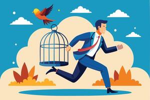 Ambitious Businessman Breaking Free from Routine Comfort Zone, Escaping Bird Cage Trap to Experience New Challenges and Freedom vector