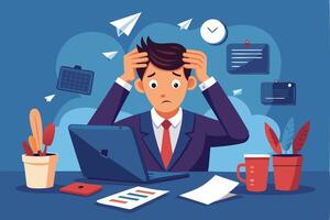 Overworked and Stressed Businessman Feeling Hopeless and Anxious from Overwhelming Work Problems vector
