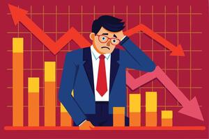 Broke Businessman Investor Devastated by Capital Loss and Stock Market Decline on Red Financial Graph Chart vector