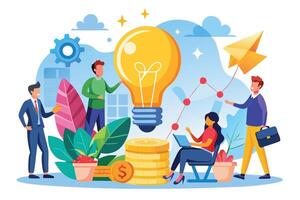Startup Company Generating Revenue from Innovative Business Idea, Entrepreneur Gaining Profit and Sales from Lightbulb Concept vector