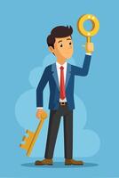 Businessman Holding Golden Key to Unlock Question Mark, Symbolizing Problem-Solving and Wisdom vector
