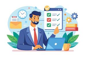 Productive Businessman Managing Tasks with To-Do List, Work Planning and Scheduling for Efficient Assignment Completion vector