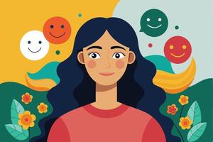 Overcoming anxiety and stress through relaxation and mindfulness, transforming from sadness to happiness, as depicted by a woman walking the line from a depressed to a joyful face. vector