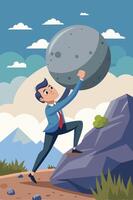 Ambitious Businessman Pushing Heavy Boulder Uphill, Demonstrating Perseverance, Grit, and Persistence in Achieving Success and Goals vector