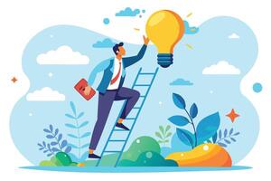 Creative Businessman Climbing Ladder to Reach Lightbulb Idea, Finding Inspiration and Imagination for Innovative Work vector