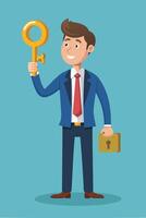 Businessman Holding Golden Key to Unlock Question Mark, Symbolizing Problem-Solving and Wisdom vector