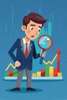 Businessman Analyzing Stock Market Crash Graph with Magnifying Glass vector