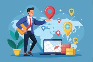 Businessman Founder Pinning Company Office Location on Search Engine Map, Establishing New Business Venture and Creating Corporate Presence vector