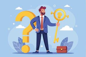 Businessman Holding Golden Key to Unlock Question Mark, Symbolizing Problem-Solving and Wisdom vector