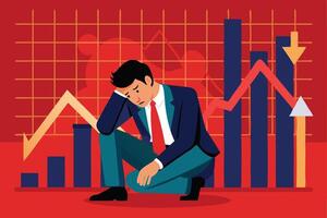 Broke Businessman Investor Devastated by Capital Loss and Stock Market Decline on Red Financial Graph Chart vector