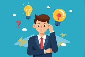 Bad Idea Leads to Failure, Confused Businessman Doubts Evil Lightbulb, Symbolizing Rejected and Negative Opinions vector