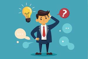 Bad Idea Leads to Failure, Confused Businessman Doubts Evil Lightbulb, Symbolizing Rejected and Negative Opinions vector