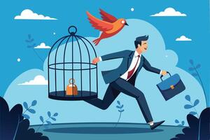 Ambitious Businessman Breaking Free from Routine Comfort Zone, Escaping Bird Cage Trap to Experience New Challenges and Freedom vector