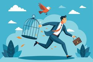Ambitious Businessman Breaking Free from Routine Comfort Zone, Escaping Bird Cage Trap to Experience New Challenges and Freedom vector