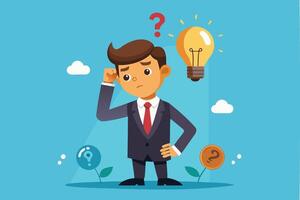 Bad Idea Leads to Failure, Confused Businessman Doubts Evil Lightbulb, Symbolizing Rejected and Negative Opinions vector