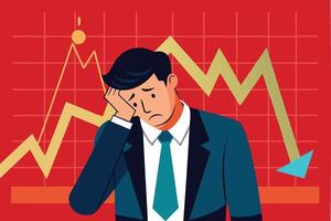 Broke Businessman Investor Devastated by Capital Loss and Stock Market Decline on Red Financial Graph Chart vector