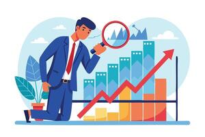 Businessman Analyzing Stock Market Crash Graph with Magnifying Glass vector
