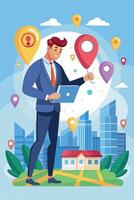 Businessman Founder Pinning Company Office Location on Search Engine Map, Establishing New Business Venture and Creating Corporate Presence vector