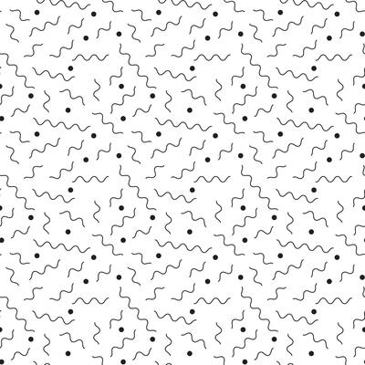 Black And White Geometric Pattern With Wavy Zig Zag Lines And Small Dots Memphis Style Background