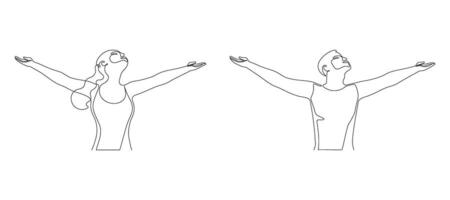 Happy man and woman raising hands in an exercise of relax and breathing, one line continuous drawing. Person stretching arms as symbol of freedom and openness to peace illustration vector