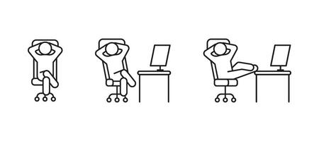 Person relax on work chair on computer, line icon set. Man rest on workplace, calm on chair. Lazy tired person, break time. illustration vector