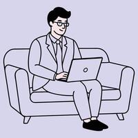 Line art of a business man working with laptop sitting on sofa vector