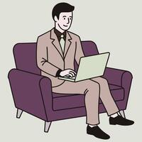 Line art of a business man working with laptop sitting on sofa vector