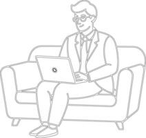 Line art of a business man working with laptop sitting on sofa vector