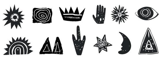 Set grungy punk linocut shapes, retro naive groovy icons. Charcoal marker scribble elements. Geometric shapes, eye, crown, star, flower. illustration of crayon pencil lino doodles vector