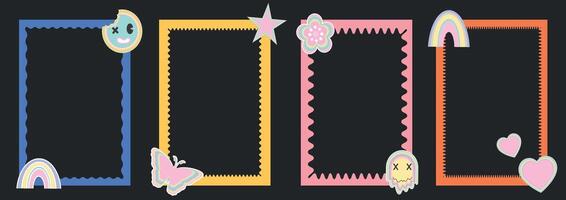 Colorful stories frames set with cute elements. Zigzag wavy edges, retro squiggle frames, psychedelic rectangles, photo frames, text boxes, tags, labels. Wave and curvy borders. vector