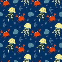Seamless minimalist cartoon pattern, summer concept, sea or ocean with crab, shell, jelly fish, corals and bubbles. vector