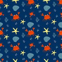 Seamless minimalist cartoon pattern, summer concept, sea or ocean with crab, shell, star, corals and bubbles. vector