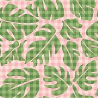 Hand drawn tropical foliage monstera leaf seamless pattern with abstract checkered texture vector