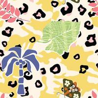 Tropical seamless pattern with hand drawn leaves palm tree and butterfly on animal skin texture background vector