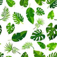 seamless pattern of vibrant green leaves on a white background. Various leaf shapes and sizes create a fresh, natural, and tropical appearance, perfect for eco-friendly or botanical projects vector