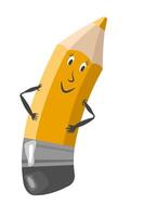 illustration features a cheerful yellow pencil character with a friendly face, complete with eyes, eyelashes, and a smile. The pencil has black arms and hands, adding a playful and animated touch vector