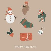 Christmas and Happy New Year greeting card, poster or invitation. Snowman, tree toys, sock, mitten, gift. Xmas templates with space for text. Hand drawn illustration vector