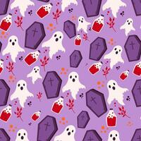 Halloween seamless background with ghost, potion and coffin. Suitable for designing textile fabrics, wrapping paper, website wallpaper, textiles, wallpaper and clothing. vector