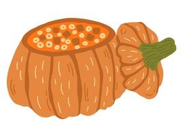 Pumpkin soup in a pumpkin. Symbol of Halloween and Thanksgiving. illustration on a white background in doodle style. vector