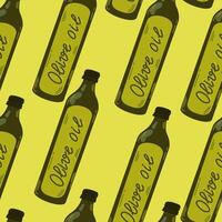 Seamless pattern design with Olive oil bottles. Silhouette on. Exotic botanical background in sketch style. vector