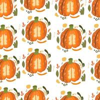 orange falling pumpkins seamless repeat pattern background. Symbol of Halloween and Thanksgiving. Great for fall themed designs, invitation, fabric, packaging projects. vector