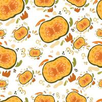 orange falling pumpkins seamless repeat pattern background. Symbol of Halloween and Thanksgiving. Great for fall themed designs, invitation, fabric, packaging projects. vector