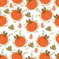 orange falling pumpkins seamless repeat pattern background. Symbol of Halloween and Thanksgiving. Great for fall themed designs, invitation, fabric, packaging projects. vector