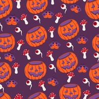 Halloween seamless pattern with pumpkin, fly agaric, eye and moth. Suitable for designing textile fabrics, wrapping paper, website wallpaper, textiles, wallpaper and clothing. vector