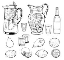 Summer refreshments with fruits and berries. Sangria and raspberry and lemon water illustration. Black outline drink illustration set isolated on white for pastry shops, bakery, restaurant menus vector