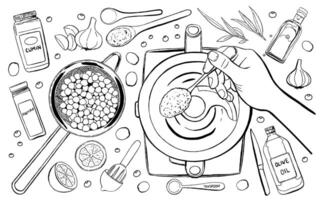 Hummus Cooking Elements Set. Outline Hand Draw Illustration vector