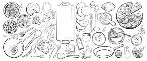 Set of food and tools for home baking c flour, honey, nuts, cheese, nutmeg, eggs, lemon, cinnamon, bowls, dish, tart. Black outline illustration for pastry shops, bakery, restaurant and cafe menu vector