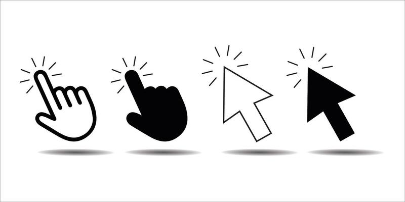 Computer mouse click cursor. Load symbol. Pointer cursor and loading icon. Cursors icons click set. Clicking cursor, pointing hand clicks icons.
