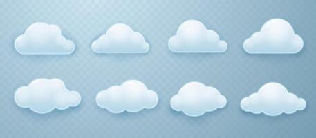 White cartoon fluffy rounded cumulus clouds with shadows in 3D style. vector