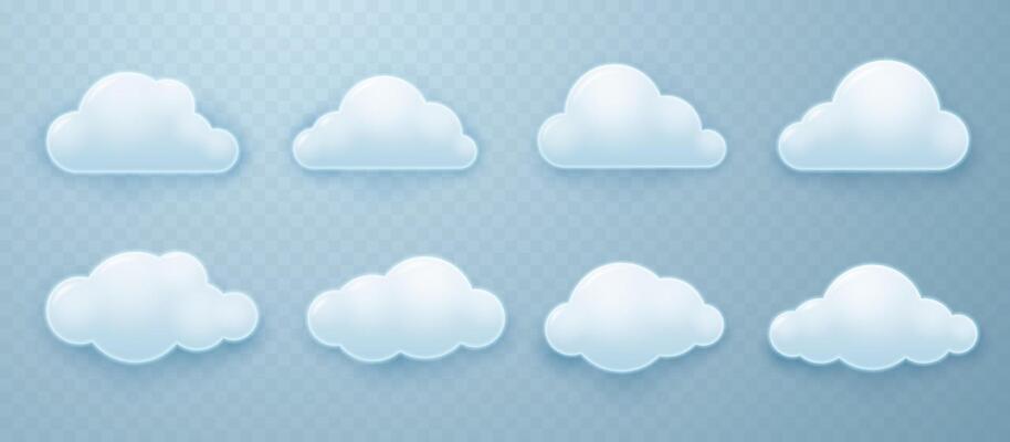White cartoon fluffy rounded cumulus clouds with shadows in 3D style.